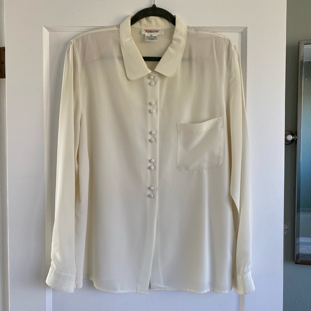 Vintage Talbots cream blouse with cloth buttons and shoulder pads